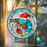 Christmas Shrimp Stained Glass Suncatcher, Round Ocean Window Panel with Santa Hat, Coastal Beach Holiday Nautical Home Decor Gift