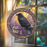 Raven Stained Glass Suncatcher, Round Gothic Window Panel with Moon and Flowers, Mystical Bird Home Decor Gift for Nature and Fantasy Lovers