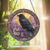 Raven Stained Glass Suncatcher, Round Gothic Window Panel with Moon and Flowers, Mystical Bird Home Decor Gift for Nature and Fantasy Lovers