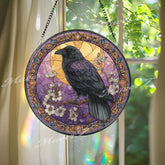 Raven Stained Glass Suncatcher, Round Gothic Window Panel with Moon and Flowers, Mystical Bird Home Decor Gift for Nature and Fantasy Lovers