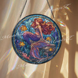 Mermaid Stained Glass Suncatcher, Round Ocean Window Panel with Colorful Fish, Fantasy Sea Siren Nautical Coastal Home Decor Gift