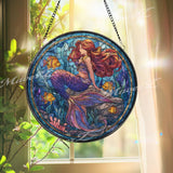 Mermaid Stained Glass Suncatcher, Round Ocean Window Panel with Colorful Fish, Fantasy Sea Siren Nautical Coastal Home Decor Gift