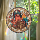 Pirate Octopus Stained Glass Suncatcher, Round Nautical Window Panel with Treasure Chest and Parrot, Ocean Fantasy Home Decor Gift