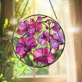 Orchid Stained Glass Suncatcher, Round Pink and Purple Flower Window Panel, Elegant Floral Glass Art Home Decor Gift for Garden Lovers