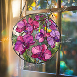 Orchid Stained Glass Suncatcher, Round Pink and Purple Flower Window Panel, Elegant Floral Glass Art Home Decor Gift for Garden Lovers
