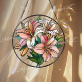 Lily Stained Glass Suncatcher, Round Pink and White Floral Window Panel, Elegant Botanical Glass Art Home Decor Gift for Flower Lovers