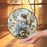 Fairy Stained Glass Suncatcher, Round Enchanted Window Panel with Blossoms and Butterfly, Fantasy Garden Home Decor Gift