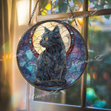 Black Cat Stained Glass Suncatcher, Round Moon and Stars Window Panel, Mystical Feline Celestial Gothic Home Decor Gift for Cat Lovers