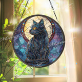 Black Cat Stained Glass Suncatcher, Round Moon and Stars Window Panel, Mystical Feline Celestial Gothic Home Decor Gift for Cat Lovers