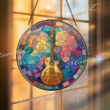Guitar Stained Glass Suncatcher, Round Musical Instrument Window Panel, Colorful Music Lover Gift, Jazz Rock Musician Home Decor