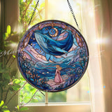 Whale Stained Glass Suncatcher, Round Fantasy Ocean Window Panel with Moon and Girl, Mystical Nautical Home Decor Gift