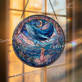 Whale Stained Glass Suncatcher, Round Fantasy Ocean Window Panel with Moon and Girl, Mystical Nautical Home Decor Gift