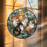 Cat Family Stained Glass Suncatcher, Round Window Panel with Five Cats and Green Leaves, Feline Lover Home Decor Gift