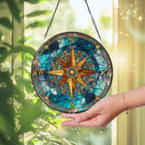 Compass Rose Stained Glass Suncatcher, Round Nautical Window Panel, Ocean Blue Windrose Glass Art, Coastal Home Decor Gift