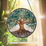 Tree of Life Stained Glass Suncatcher, Round Window Panel with Roots and Branches, Nature Spiritual Home Decor, Symbolic Glass Gift