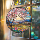 Cherry Blossom Stained Glass Suncatcher, Round Spring Landscape Window Panel with Mountains and Flowers, Nature Home Decor Gift