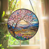 Cherry Blossom Stained Glass Suncatcher, Round Spring Landscape Window Panel with Mountains and Flowers, Nature Home Decor Gift