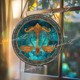 Libra Zodiac Stained Glass Suncatcher, Round Balance Scale Window Panel with Blue Starry Background, Astrology Home Decor Gift