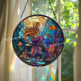 Mermaid Stained Glass Suncatcher, Round Ocean Underwater Fantasy Window Panel with Coral Reef and Fish, Nautical Home Decor