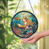 Mermaid Reading Stained Glass Suncatcher, Round Underwater Fantasy Window Panel with Coral Reef and Fish, Nautical Ocean Decor