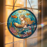 Mermaid Reading Stained Glass Suncatcher, Round Underwater Fantasy Window Panel with Coral Reef and Fish, Nautical Ocean Decor