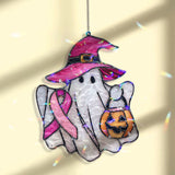 Ghost Acrylic Suncatcher with Pink Ribbon and Witch Hat, Halloween Breast Cancer Awareness Window Hanging, Pumpkin Jack Decor Gift