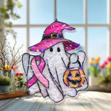 Ghost Acrylic Suncatcher with Pink Ribbon and Witch Hat, Halloween Breast Cancer Awareness Window Hanging, Pumpkin Jack Decor Gift