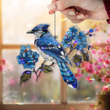 Blue Jay Acrylic Suncatcher with Blue Flowers, Colorful Bird Window Hanging, Nature Inspired Acrylic Window Decor Gift for Bird Lovers
