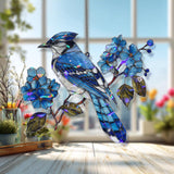 Blue Jay Acrylic Suncatcher with Blue Flowers, Colorful Bird Window Hanging, Nature Inspired Acrylic Window Decor Gift for Bird Lovers