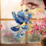 Flying Blue Jay Acrylic Suncatcher with Blue Flowers, Bird Window Hanging Decor, Nature Inspired Acrylic Home Ornament Gift for Bird Lovers
