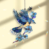 Flying Blue Jay Acrylic Suncatcher with Blue Flowers, Bird Window Hanging Decor, Nature Inspired Acrylic Home Ornament Gift for Bird Lovers