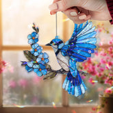 Blue Jay Acrylic Suncatcher with Blue Flowers, Bird Window Hanging Lightweight Acrylic Decor, Nature Inspired Ornament Gift for Bird Lovers