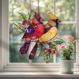 Cardinal Couple Acrylic Suncatcher, Red and Yellow Birds on Holly Branch, Acrylic Window Hanging, Nature Ornament, Gift for Bird Lovers