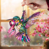 Hummingbird Acrylic Suncatcher with Pink Ribbon, Colorful Acrylic Stained Glass Style Window Hanging, Breast Cancer Awareness Gift