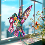 Hummingbird Acrylic Suncatcher with Pink Ribbon, Colorful Acrylic Stained Glass Style Window Hanging, Breast Cancer Awareness Gift