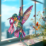 Hummingbird Acrylic Suncatcher with Pink Ribbon, Colorful Acrylic Stained Glass Style Window Hanging, Breast Cancer Awareness Gift