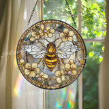 Bee Stained Glass Suncatcher, Round Floral Window Panel with Yellow Flowers, Nature Garden Art Glass Hanging, Gift for Bee and Flower Lovers