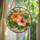 Hibiscus Stained Glass Suncatcher, Round Tropical Flower Window Panel with Seashells, Colorful Garden Art Glass Hanging for Nature Lovers