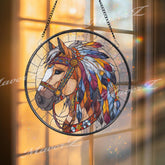 Horse Stained Glass Suncatcher, Round Equine Window Panel with Colorful Feathers, Western Boho Art Glass Hanging, Gift for Horse Lovers