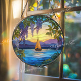 Sailboat Stained Glass Suncatcher, Round Ocean Sunset Window Panel with Wisteria Flowers, Nautical Art Glass Hanging for Coastal Home Decor