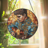 Guitarist Stained Glass Suncatcher, Round Musician Window Panel with Acoustic Guitar, Colorful Art Glass Hanging, Gift for Music Lovers