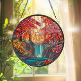 Waterfall Stained Glass Suncatcher, Round Nature Window Panel with Autumn Forest and River, Colorful Landscape Glass Hanging for Home Decor