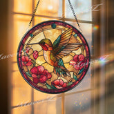 Hummingbird Stained Glass Suncatcher, Round Floral Window Panel with Red Flowers, Colorful Nature Art Glass Hanging, Gift for Bird Lovers
