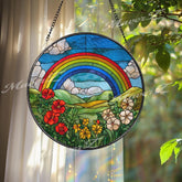 Rainbow Stained Glass Suncatcher, Round Colorful Window Panel with Flowers and Clouds, Nature Art Glass Hanging, Gift for Home