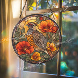 Quail Stained Glass Suncatcher, Round Bird Window Panel with Orange Poppies, Colorful Nature Art Glass Hanging, Gift for Bird