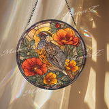 Quail Stained Glass Suncatcher, Round Bird Window Panel with Orange Poppies, Colorful Nature Art Glass Hanging, Gift for Bird