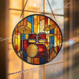 Drum Set Stained Glass Suncatcher, Round Musical Window Panel, Colorful Percussion Art Glass Hanging, Gift for Drummers and Music Lovers