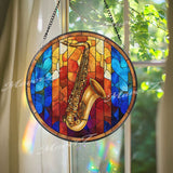 Saxophone Stained Glass Suncatcher, Round Jazz Music Window Panel, Colorful Art Glass Hanging, Gift for Sax Players and Music Lovers