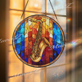 Saxophone Stained Glass Suncatcher, Round Jazz Music Window Panel, Colorful Art Glass Hanging, Gift for Sax Players and Music Lovers