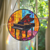 Grand Piano Stained Glass Suncatcher, Round Musical Window Panel, Colorful Art Deco Glass Hanging, Gift for Music Lovers and Pianists